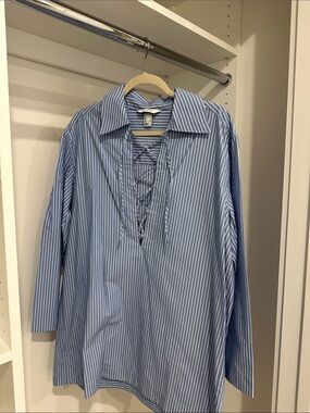 Women's Blue Stripe Lace-Up Collared Button-Down Shirt